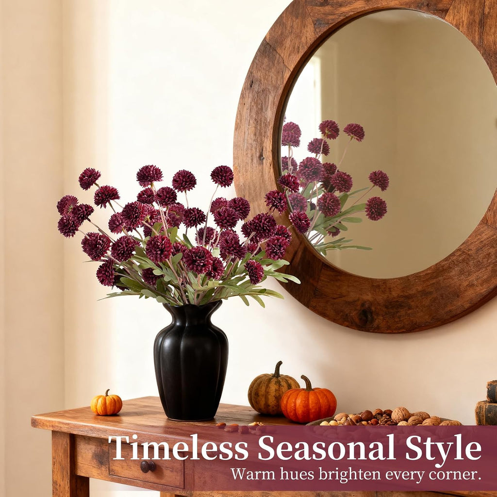 Faux Silk Mums Artificial Flowers - 7Pcs Artificial Mums Bendable Long Stems, Faux Flowers For Vase, Table, Wedding & Wreath Home Décor, Chrysanthemum Pom Pom Floral Arrangement, Burgundy (No Vase)
