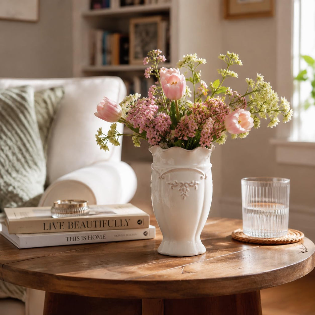 hjn White Ceramic Vase- French Flower Vase for Decor Small Vintage Vases for Flowers/Home Decoration/Kitchen/Table/Living Room/Shelf/Mantel/Office-Height-6.8"