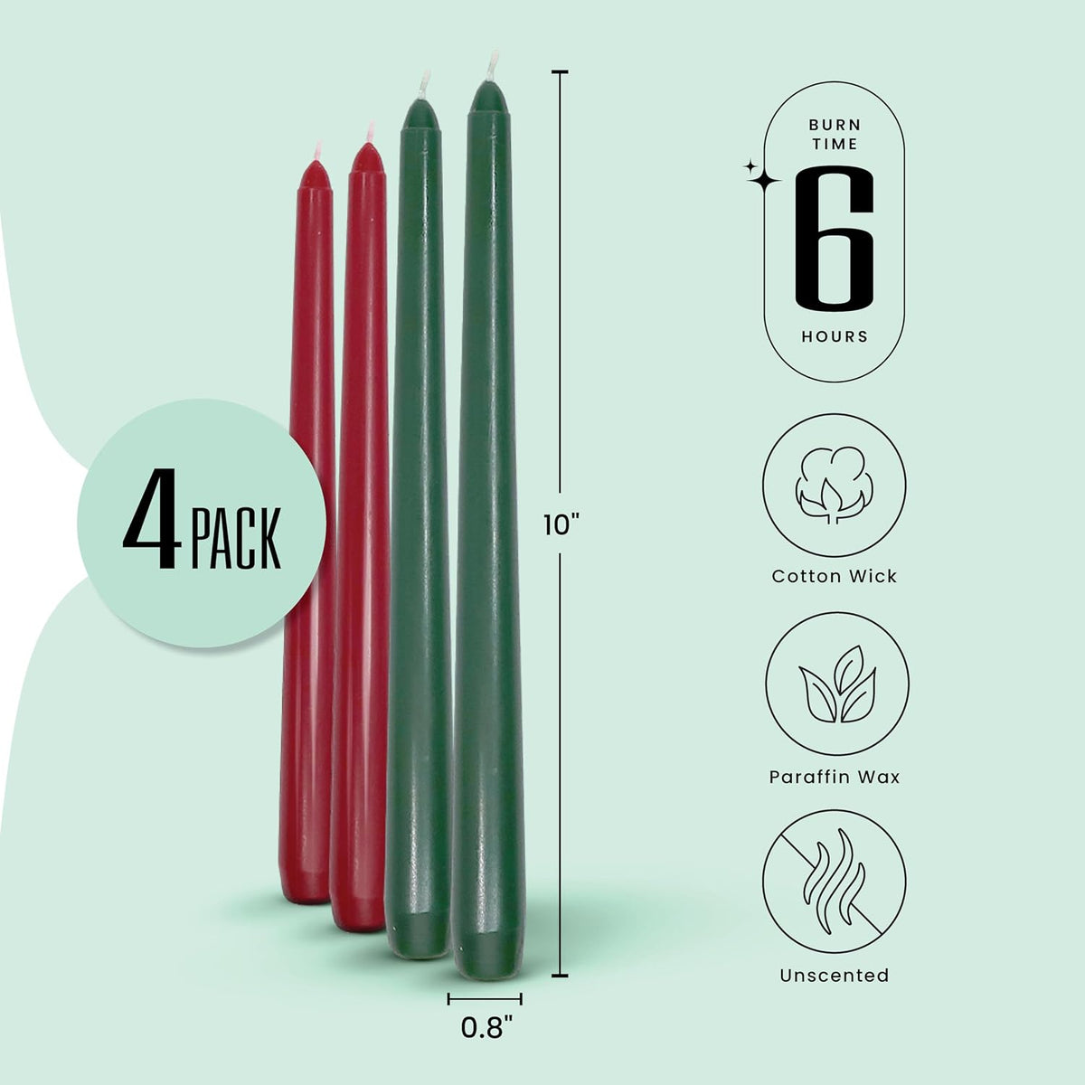 Leor & Lair Christmas Taper Candles, Set of 4, 10 Inch, Red & Green