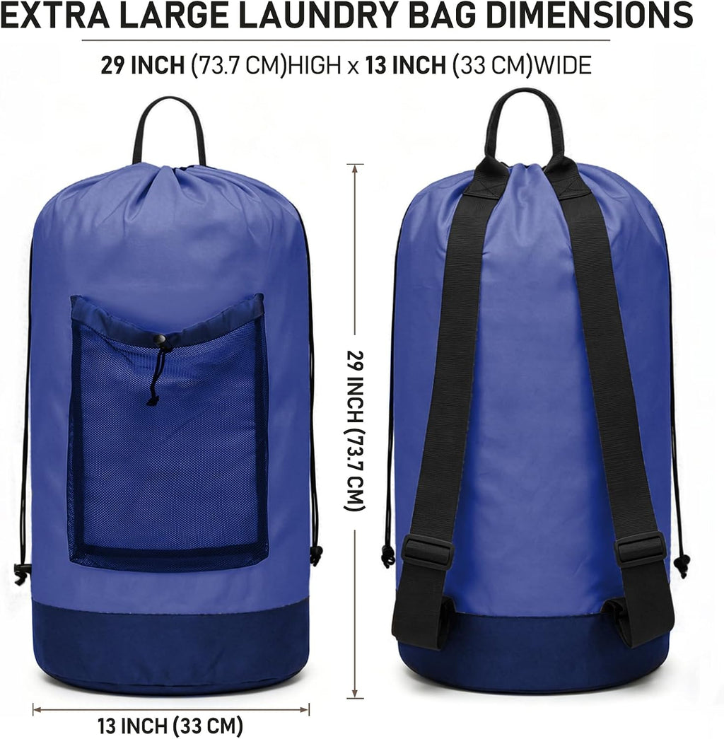 Backpack Laundry Bag, Durable polyster Laundry Backpack Bag with Shoulder Straps, Drawstring Closure & Mesh Pocket, Large Clothes Hamper for Dorm, Travel, Laundromat (Blue)