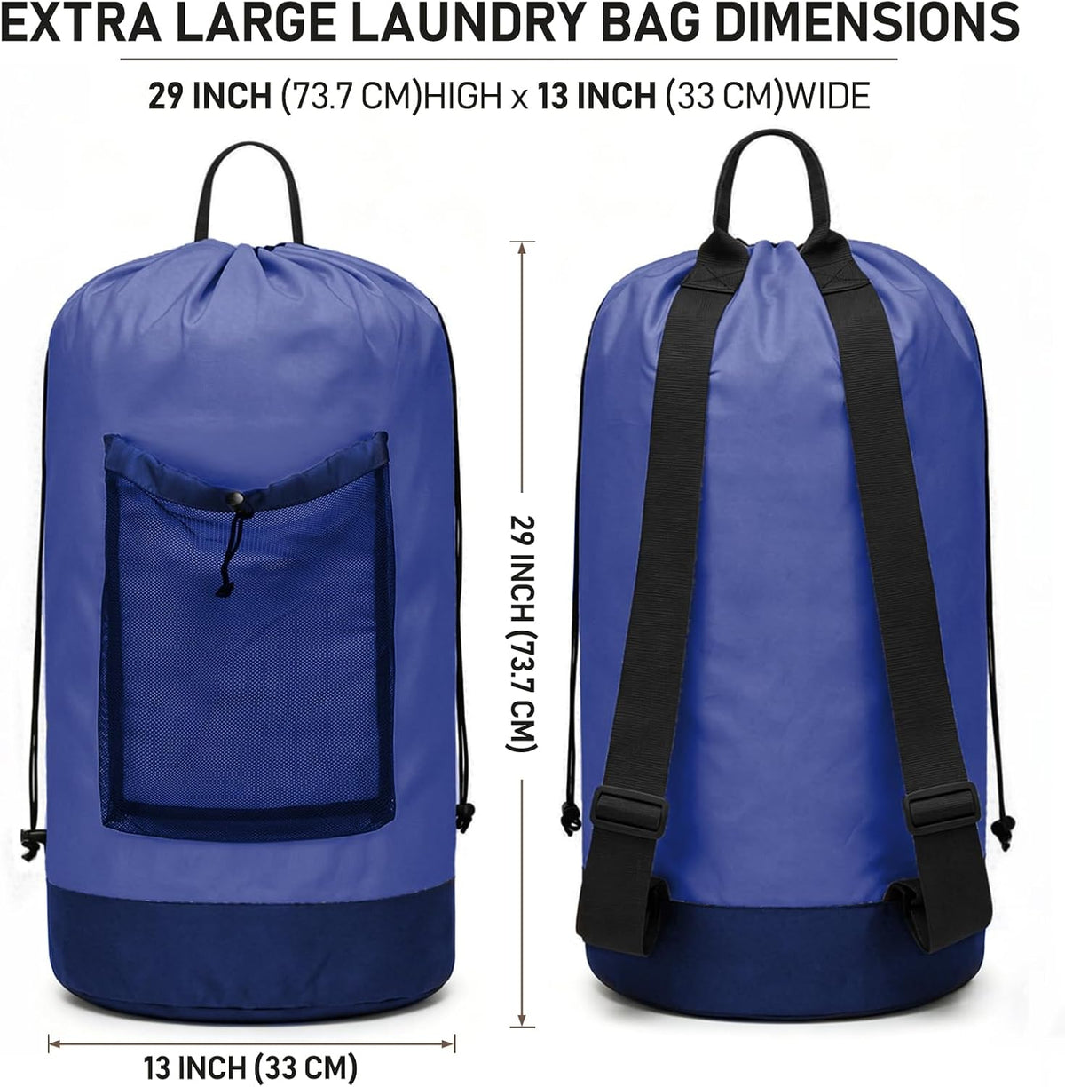 Backpack Laundry Bag, Durable polyster Laundry Backpack Bag with Shoulder Straps, Drawstring Closure & Mesh Pocket, Large Clothes Hamper for Dorm, Travel, Laundromat (Blue)