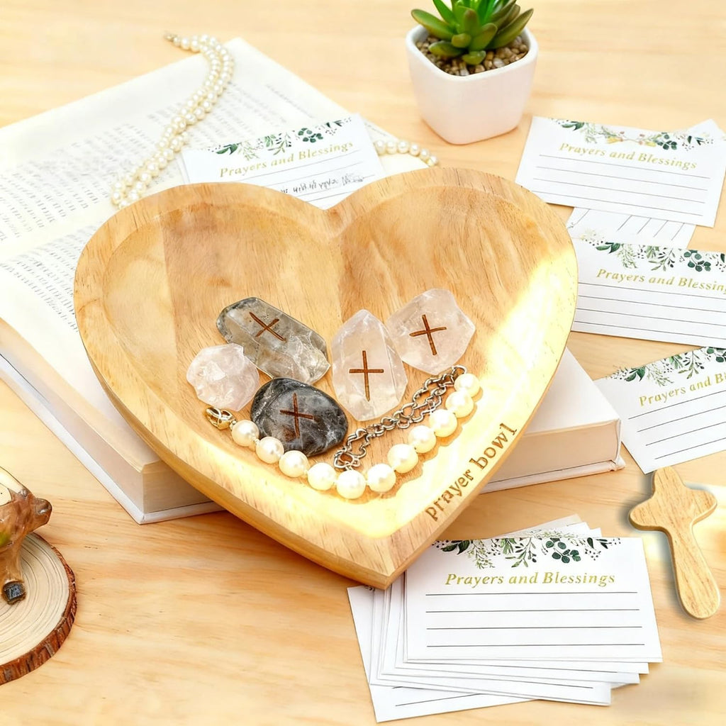 Wooden Prayer Bowl with 24 Cards & Pine Cross, Heart Shaped Christian Premium Solid Heart Container Love Bowl for Home Decor Religious Christmas Men Women Gifts (300g)