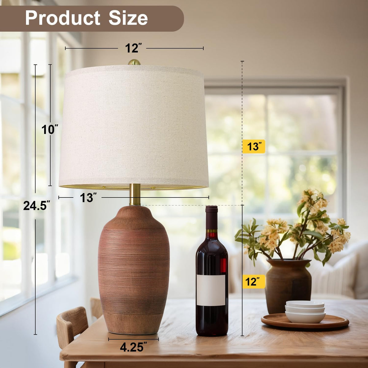 24.5" Single Rustic Terracotta Brown Handcrafted Ceramic Table Lamp 5FT Cord,Farmhouse Vintage Lamp with Linen Drum Shade, Bedside Lamp for Nightstands Bedroom Living Room Entryway,Bulb Not Included