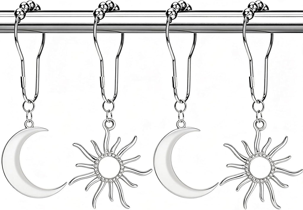 CHICTIE Boho Sun Moon Shower Curtain Hooks, Silver Celestial Decorative Shower Curtain Rings, Vintage Metal Sun & Crescent Moon Hooks Hangers for Bathroom Shower Curtain, Set of 12