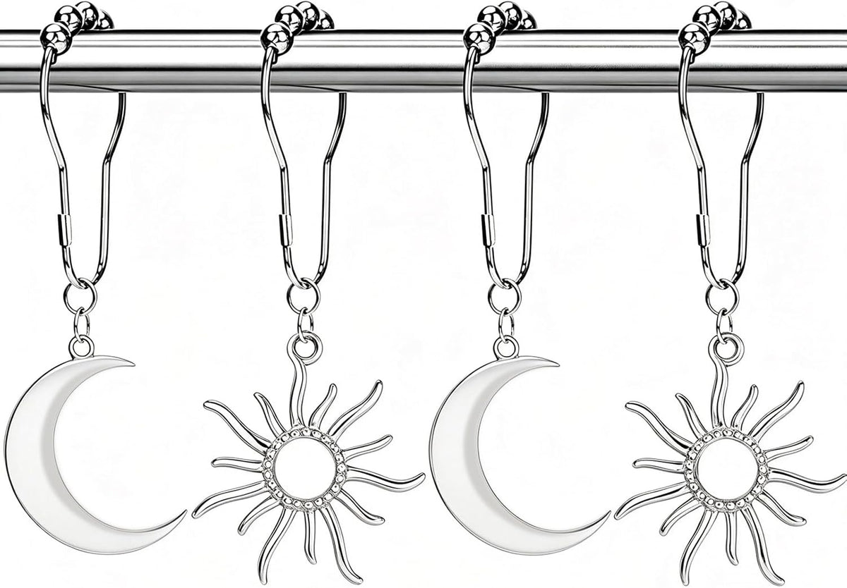 CHICTIE Boho Sun Moon Shower Curtain Hooks, Silver Celestial Decorative Shower Curtain Rings, Vintage Metal Sun & Crescent Moon Hooks Hangers for Bathroom Shower Curtain, Set of 12