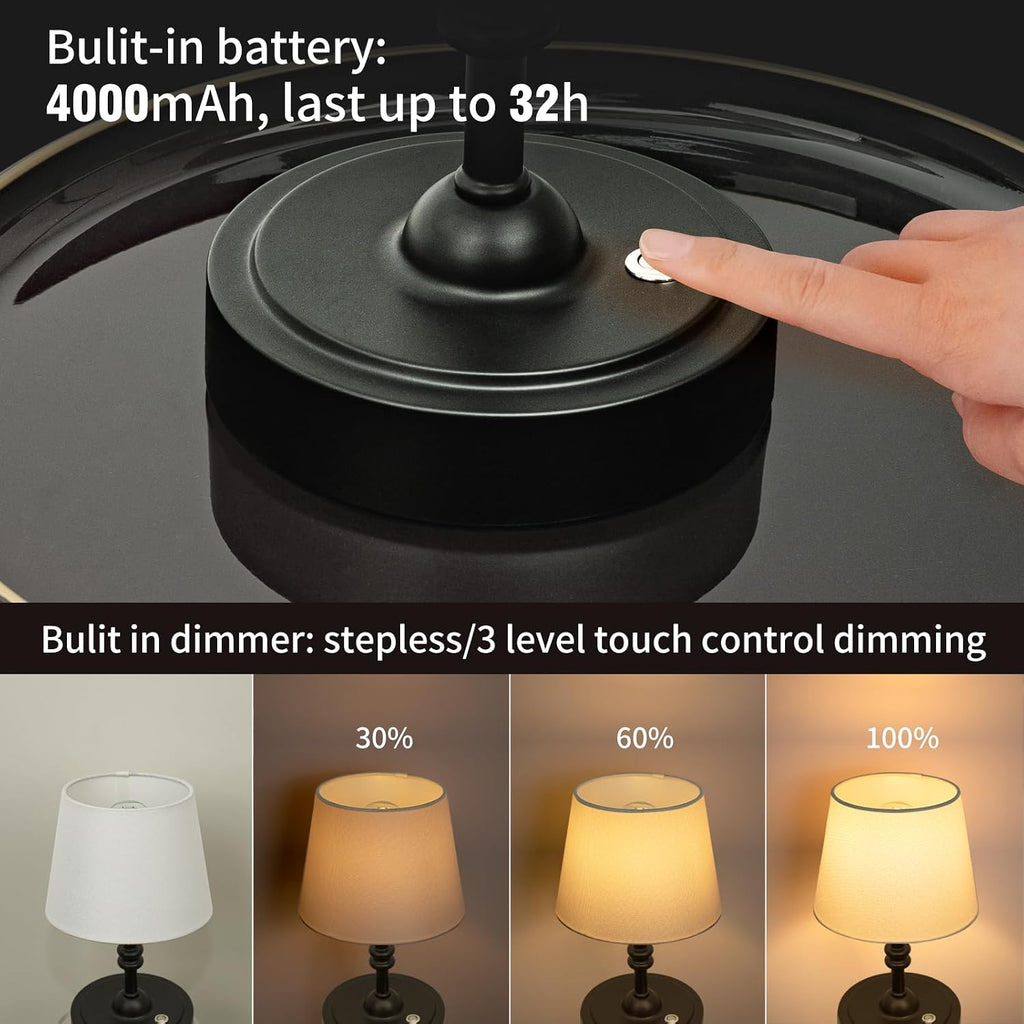 ONEWISH Small Cordless Lamp Dimmable-Battery Operated Table lamp, 4000mAh Rechargeable, Touch Bedside Lamp with White Fabric Shade, 2700K Bulb Included, for Dining, Patio, Bathroom(Black)