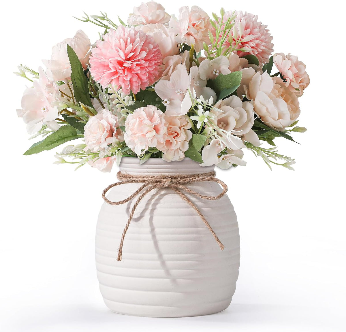 Artificial Flowers with Ceramic Vase, Faux Silk Peony & Hydrangea Bouquet