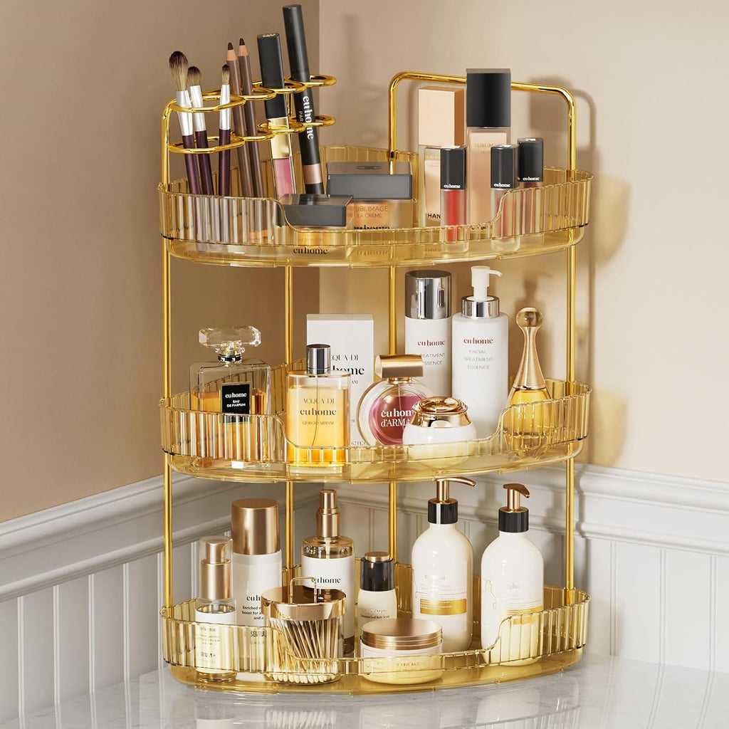 EUHOME 3-Tier Corner Bathroom Counter Organizer Makeup Cosmetic Storage, Tool-Free Installation Acrylic Vanity Shelf, Countertop Storage Organizers Perfume Tray for Bathroom, Dresser, Kitchen (Gold)