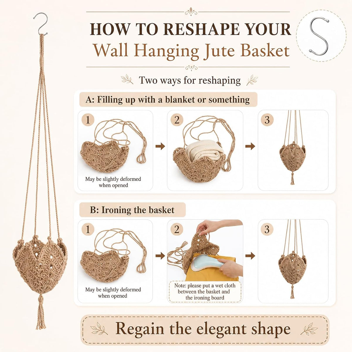 Boho Macrame Plant Hangers with S Shaped Hooks Hanging Baskets for Plants