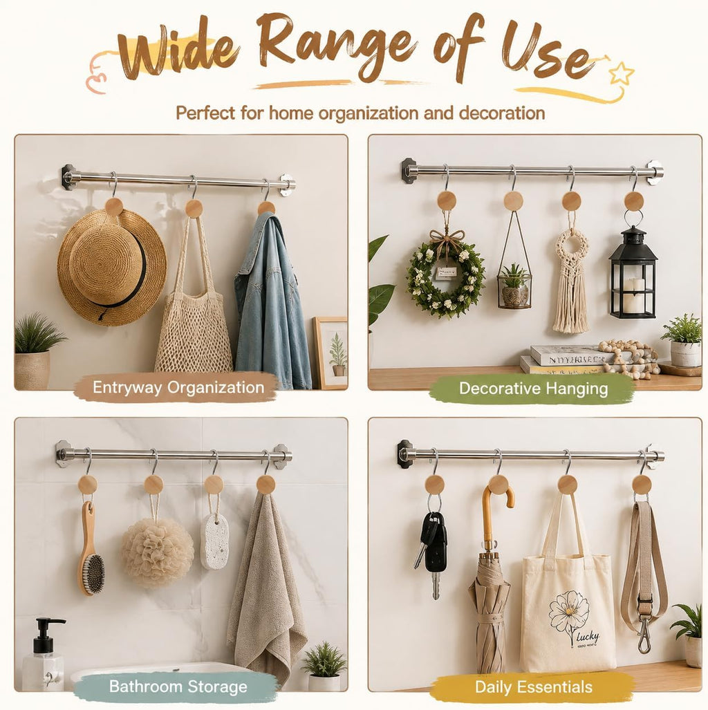 Wood Shower Curtain Hooks with Silvery Metal Rings, Set of 12 Decorative Hardware for Bathroom Rods