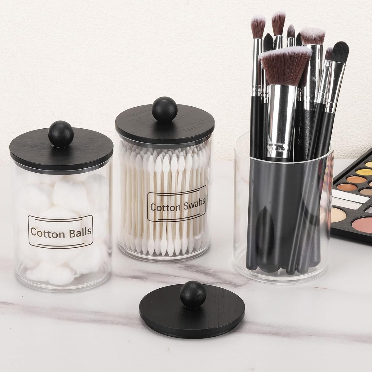Tbestmax 3 Pack Qtip Holder, Clear Bathroom Containers Dispenser for Storage Cotton Ball, Cotton Swab 10oz Plastic Bathroom Jars with Wood Lids - Black