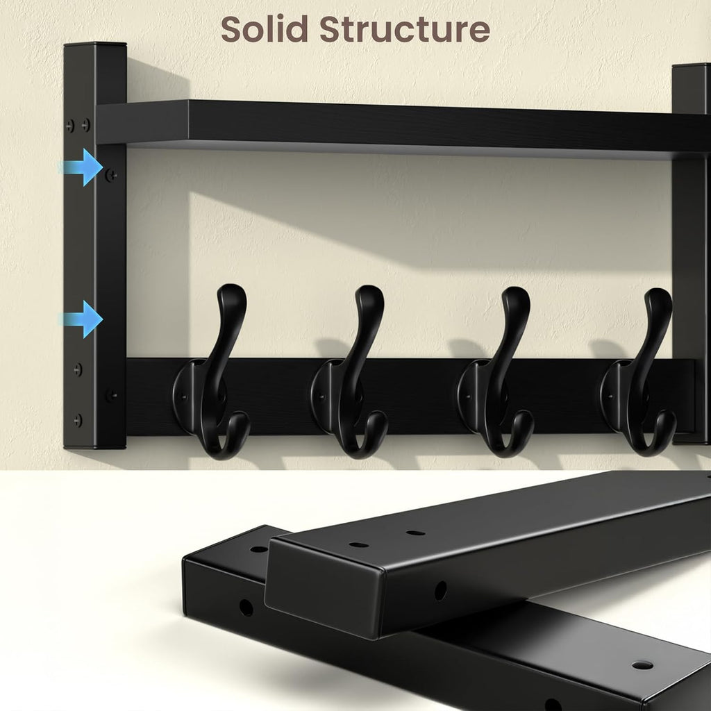 35'' Long Black Coat Rack Wall Mount with Shelf, Solid Wood Coat and Key Hanger with 13 Metal Hooks, Farmhouse Wall Organizer for Mail, Entryway Wall Hangers for Hats, Clothes, Backpacks