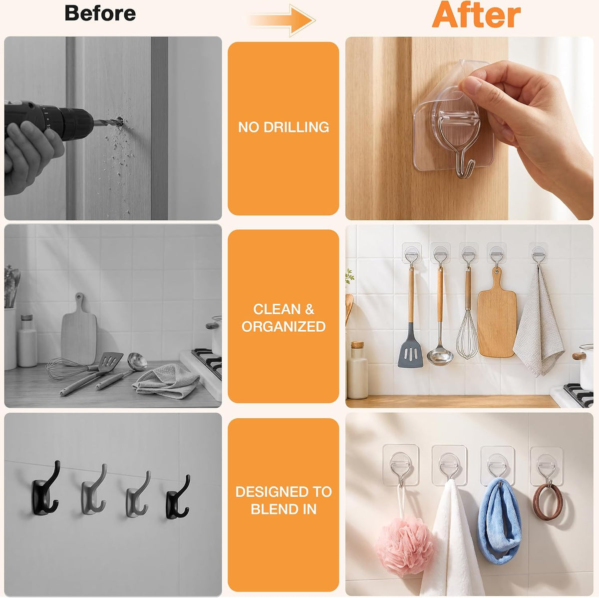 Clear Adhesive Wall Hooks Heavy Duty Hanging Sticky-30 Pack Mixed Set