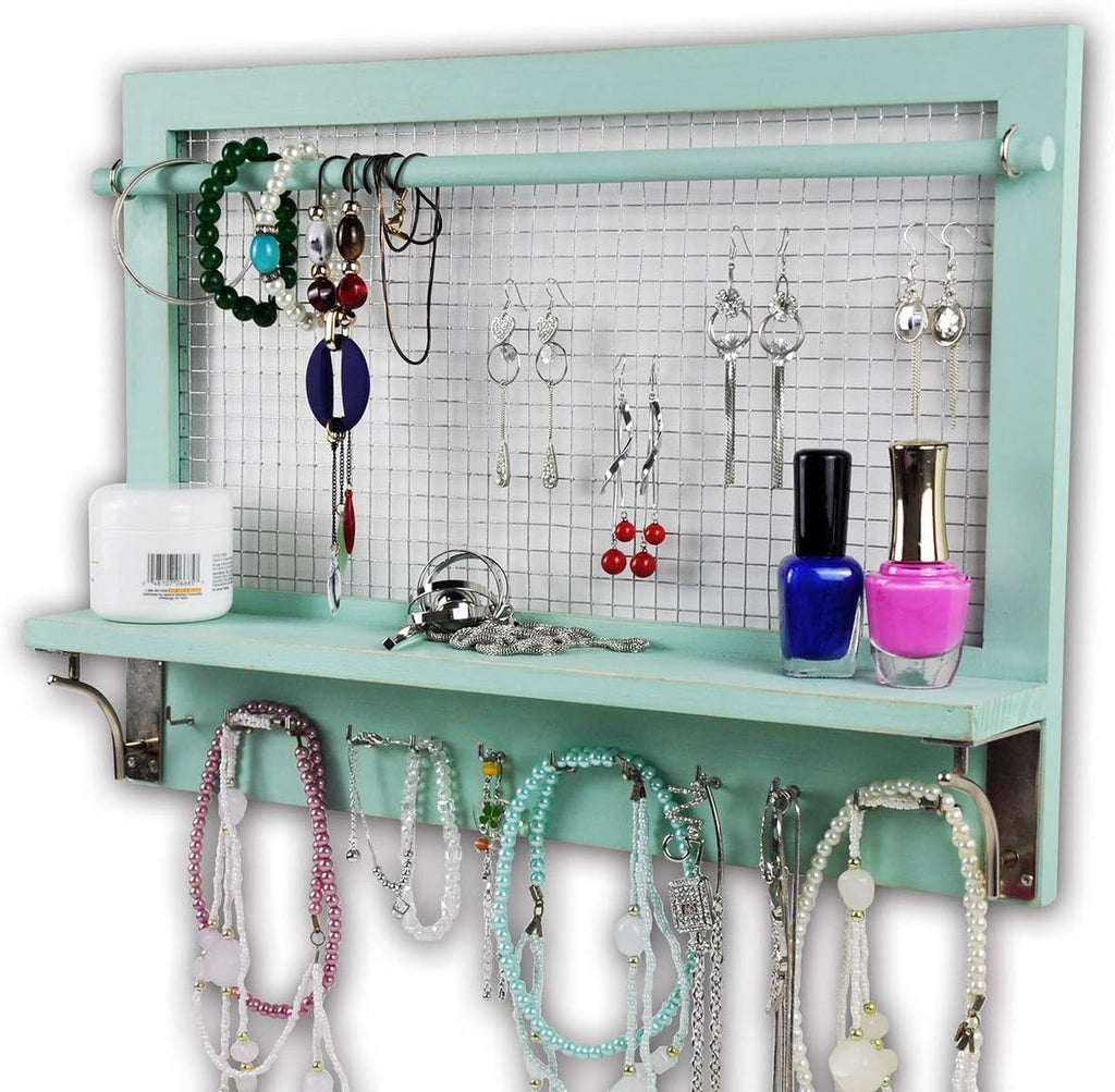 Jewelry Organizer, Wall Mount Jewelry Holder Rack with Hooks Shelf and Removable Rod Hanging Display Earrings Necklaces Bracelets Rings Storage Accessories Wood in Shabby Chic Turquoise