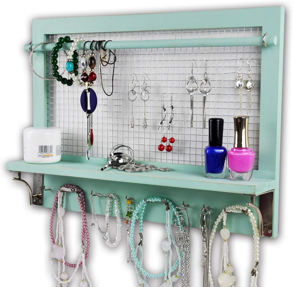 Jewelry Organizer, Wall Mount Jewelry Holder Rack with Hooks Shelf and Removable Rod Hanging Display Earrings Necklaces Bracelets Rings Storage Accessories Wood in Shabby Chic Turquoise