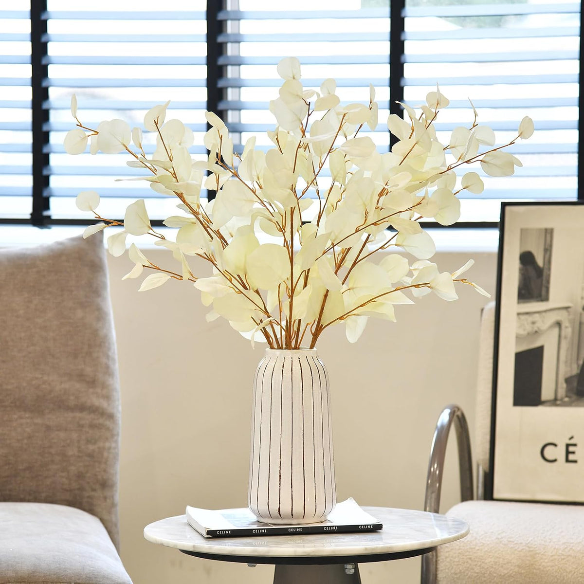 3 PCS 33" Artificial Eucalyptus Stems, Silk Branches for Vase Decor, Cream