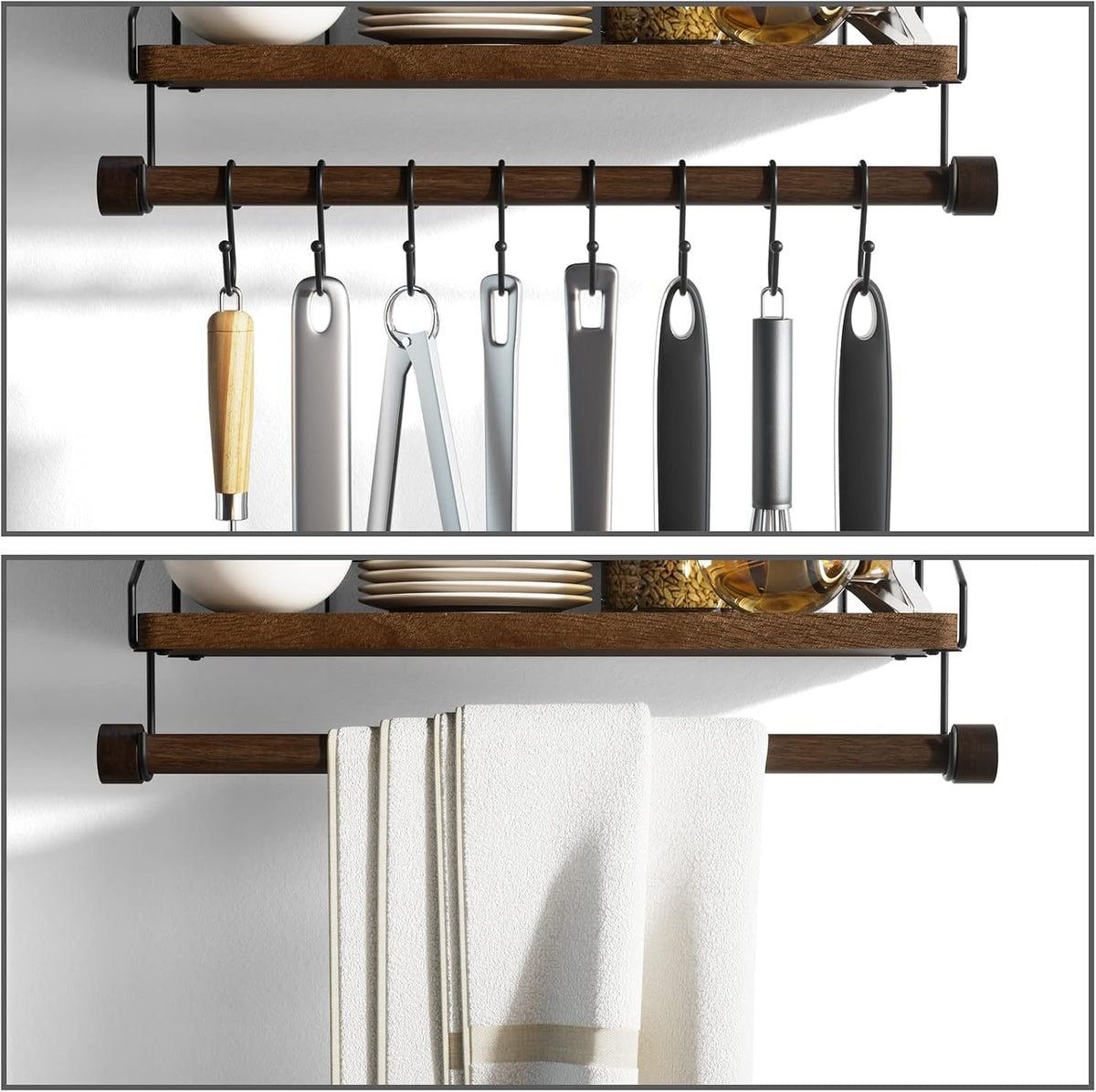 Alsonerbay Floating Shelf Coffee Bar Shelf with Towel Bar, Dark Brown