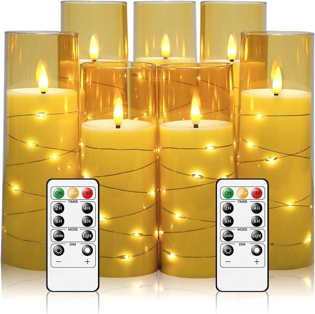 Eebuss Flameless Candles with Embedded Star String, Battery Operated LED Pillar Candles with Timer and Remote Control,Home Decorating for Ambiance， Set of 7 (Gold)