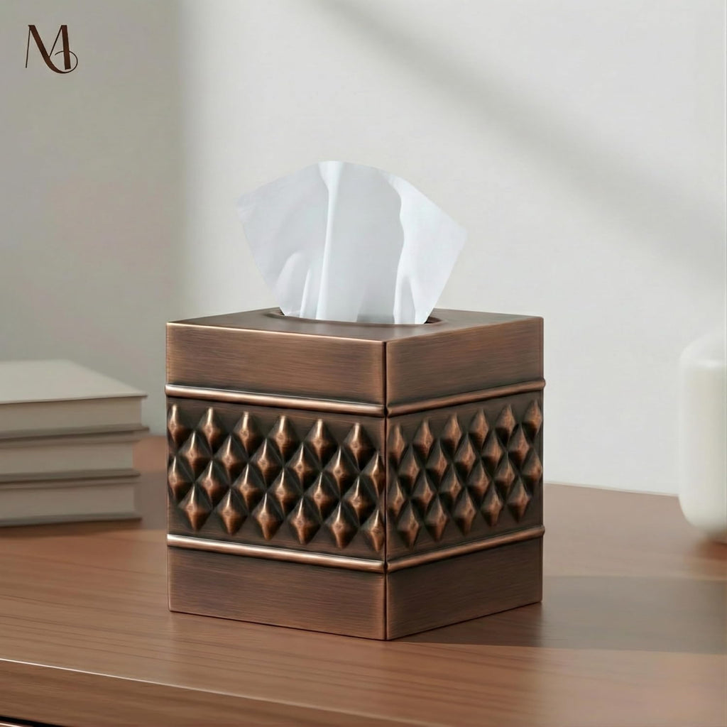Monarch Abode Tissue Box Cover Square – Handcrafted Geo Embossed Antique Copper Finish Metal Tissue Holder Box for Bathroom Accessory, Aesthetic Decorative Facial Napkin Cube for Modern Home Décor