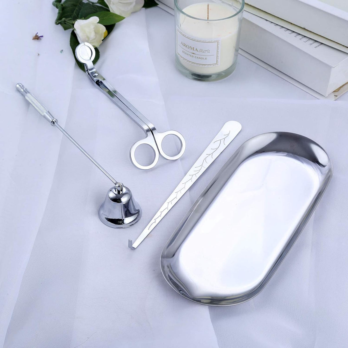 MUXSAM 4 in 1 Candle Accessory Set, Candle Wick Trimmer Candle Cutter, Candle Snuffer, Candle Wick Dipper, Storage Tray Plate, Candle Care Tools for Candle Lover, Thanksgiving, Christmas (Silver)