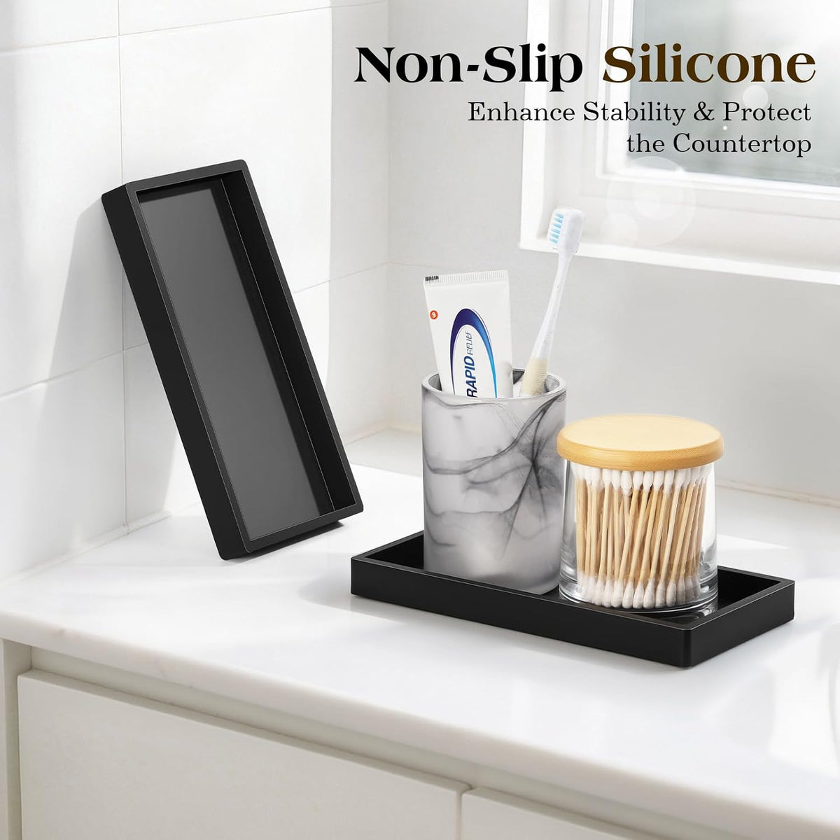 Luxspire 2 Pack Silicone Bathroom Tray 7.9" Vanity Tray, Matte Black