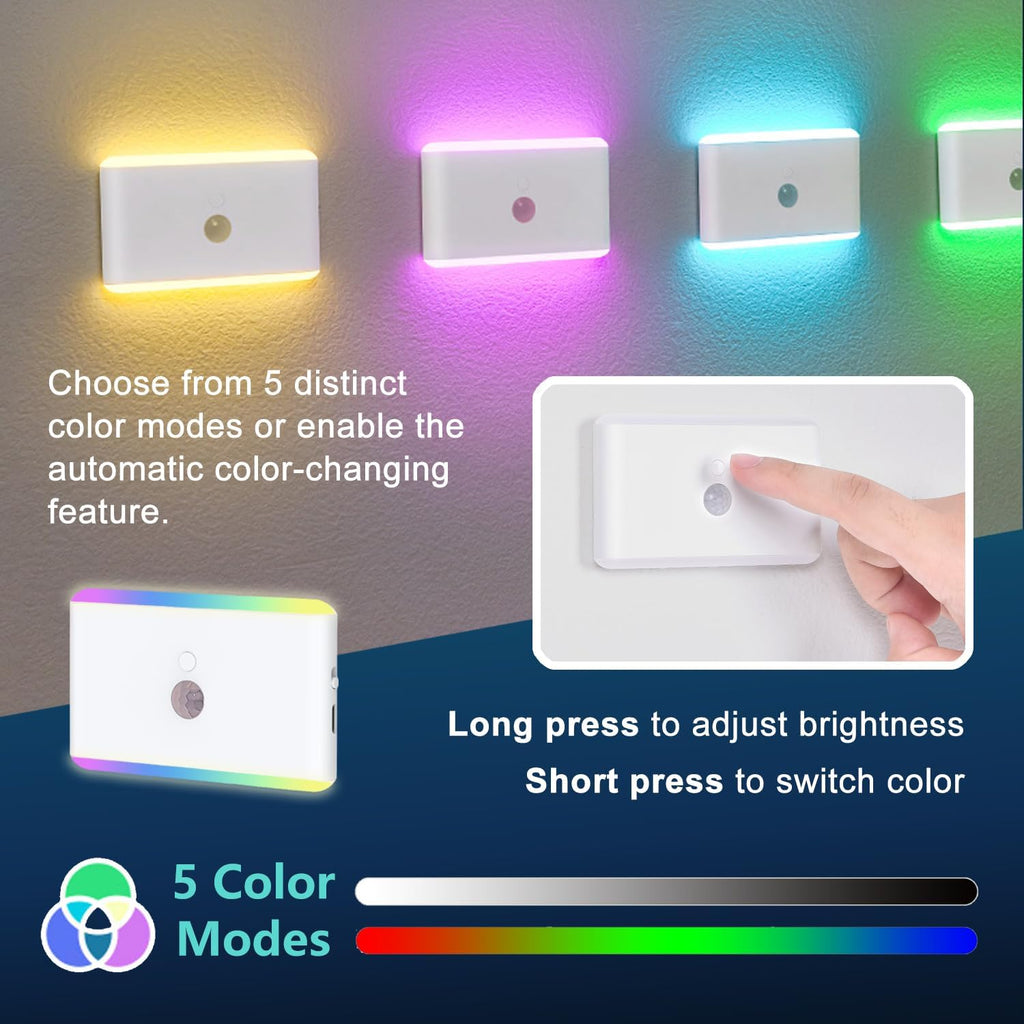 2-Pack Motion Sensor Night Light – Cruise Approved, Magnetic & Rechargeable with USB, RGB Color-Changing Modes, LED Auto Nightlight for Cabin, Bathroom, Hallway, Bed or Stairs (Indoor Travel Use)