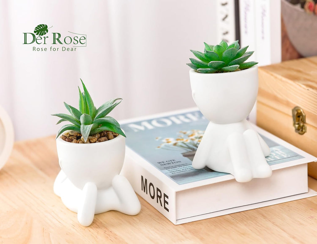 Der Rose 2 Pack Fake Succulents in White Human Pots for Desk Decor