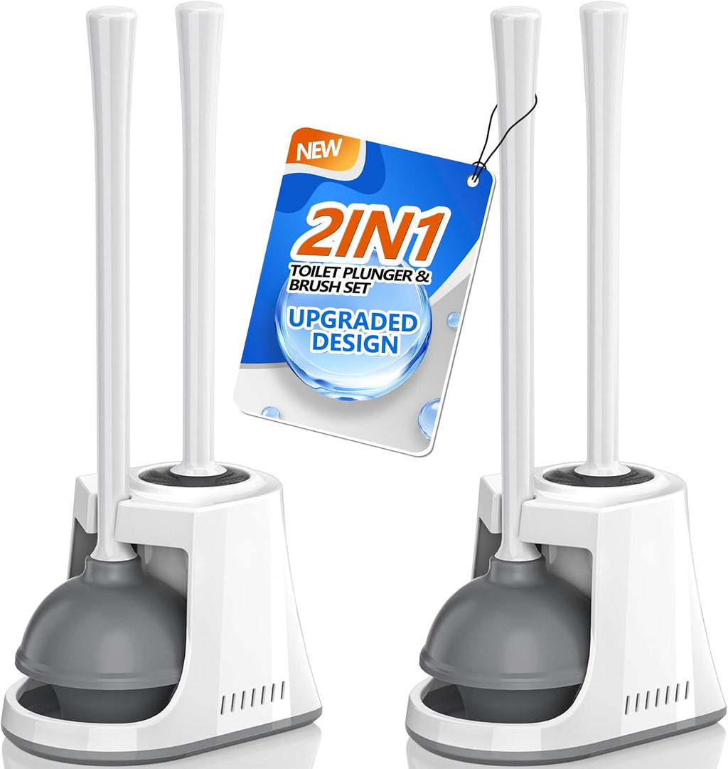 LOVLOY Toilet Plunger and Brush, Bowl Brush and Heavy Duty Toilet Plunger Set with Ventilated Holder, 2-in-1 Toilet Brush and Plunger Combo for Bathroom Cleaning (2, White)