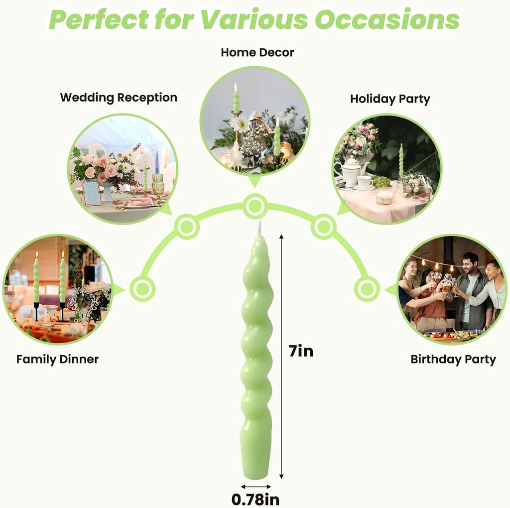 4 Pack 7 Inch Sage-Green Spiral Taper Candles, Unscented Dripless Fat Twisted Candlesticks for Home Décor Party and Celebrations