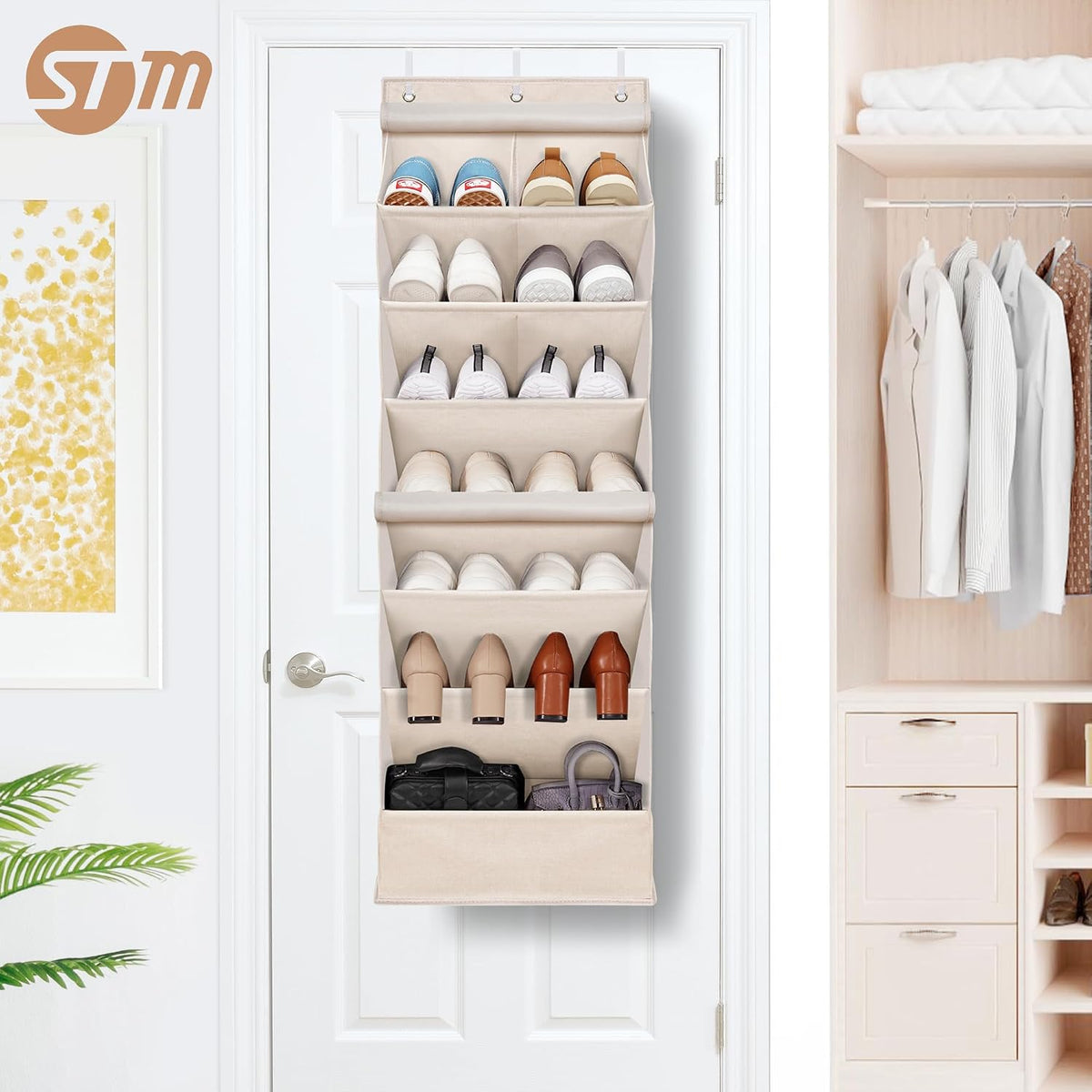 STORAGE MANIAC Over the Door Shoe Organizer with Curtain Dustproof Heavy-Duty Large Deep Pocket Hanging Shoe Organizer for Closet Dorm & Narrow Door Storage Shoe Holder Shoe Rack, 7-Shelf Beige 1 Pack