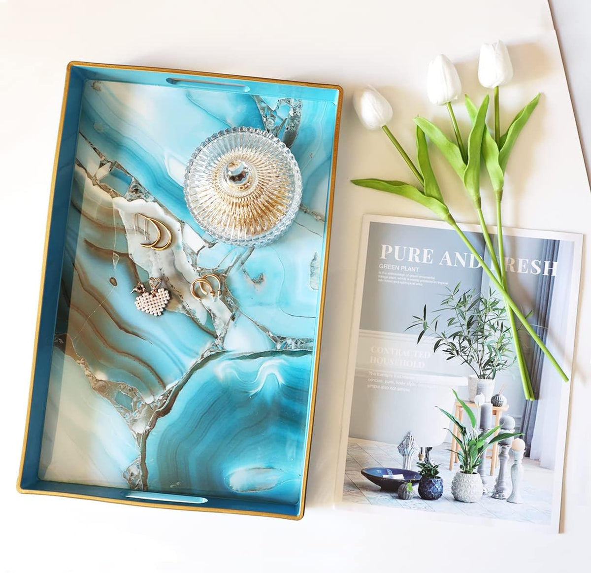 Spsyrine Decorative Tray, Plastic Marble Serving Tray with Handles for Breakfast, Ottoman, Coffee Table, Bathroom, Kitchen, Living Room 15.6” X 10.2"