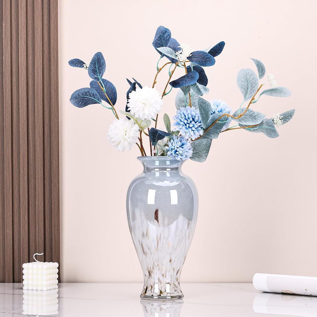 11.8" Tall Blue and White Glass Vase Beautiful Hand Blown Glass Vase Modern Art Home Decor, Wide Mouth Colorful Vases for Mantle Dining Table Centerpiece, Entryway Living Room Wedding Decoration