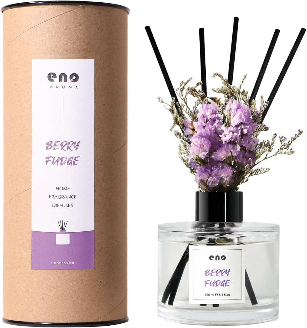 Reed Diffuser Set with Dried Flowers, 5.1 fl oz / 150ml, Berry Fudge - Home Fragrance Diffuser with Sticks for Bathroom Shelf Decor, Bedroom, Office & Gift