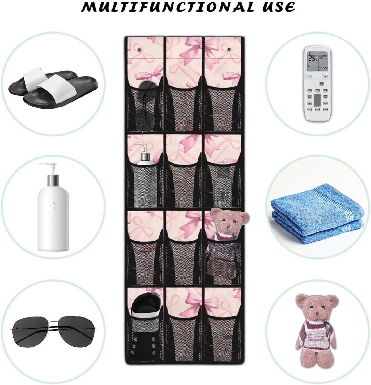 Pink Bow Pattern Space Saving Hanging Shoe Organizer,Entryway Bedroom Bathroom Storage Bags with 12 Mesh Large Pockets