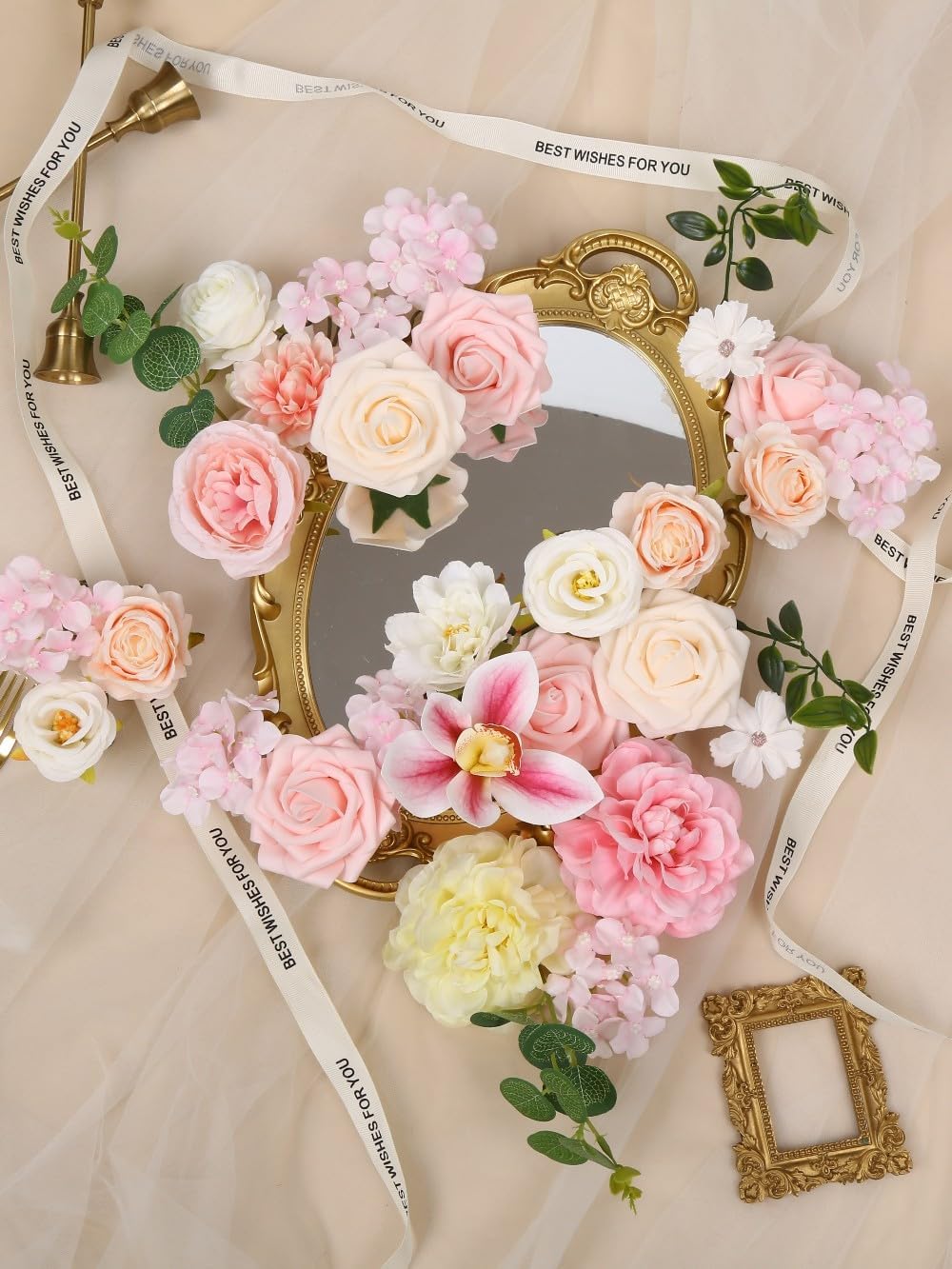 Artificial Pink Flower Box Arrangement, Fake Silk Rose Hydrangea Orchid Eucalyptus Greenery Floral Centerpiece, Artificial Flowers Gift Box for Wedding Bridal Shower Home Table Decor