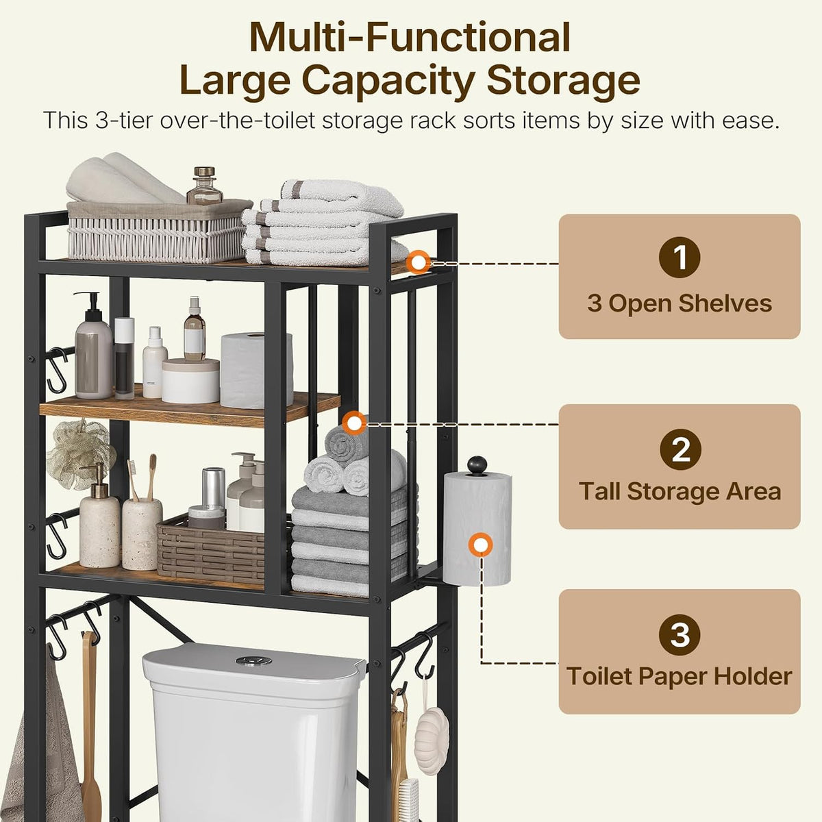 YATINEY Over The Toilet Storage Rack, 3-Tier Bathroom Organizer Shelf, Above Toilet Storage with Paper Holder 8 Hooks, Over The Toilet Storage Cabinet for Bathroom, Rustic Brown and Black TR06BR
