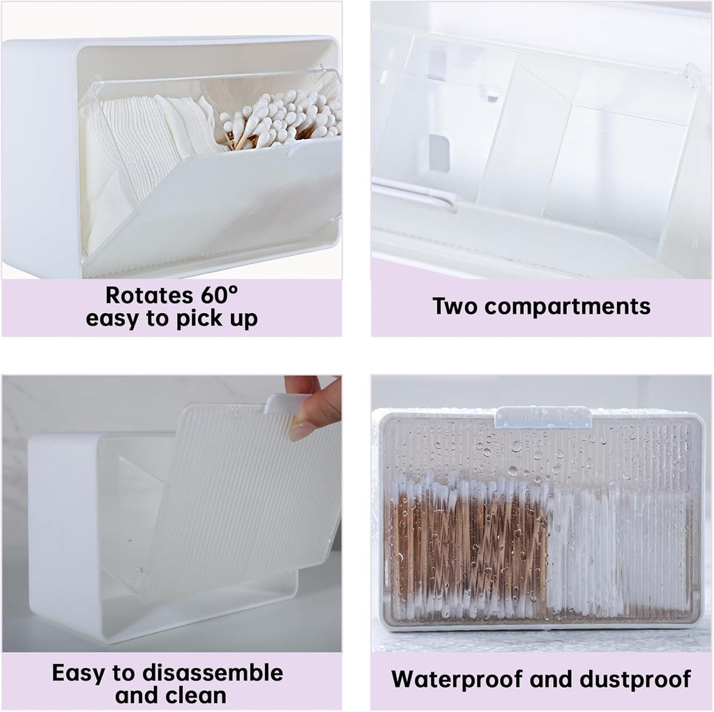 DASITON Wall Mounted Qtip Holder, Cotton Swab Storage Box with Lid, Bathroom Canister Organizer for Cotton Swabs, Balls, Pads, Floss Picks, Waterproof Bathroom Storage Container for Vanity (Clear L)