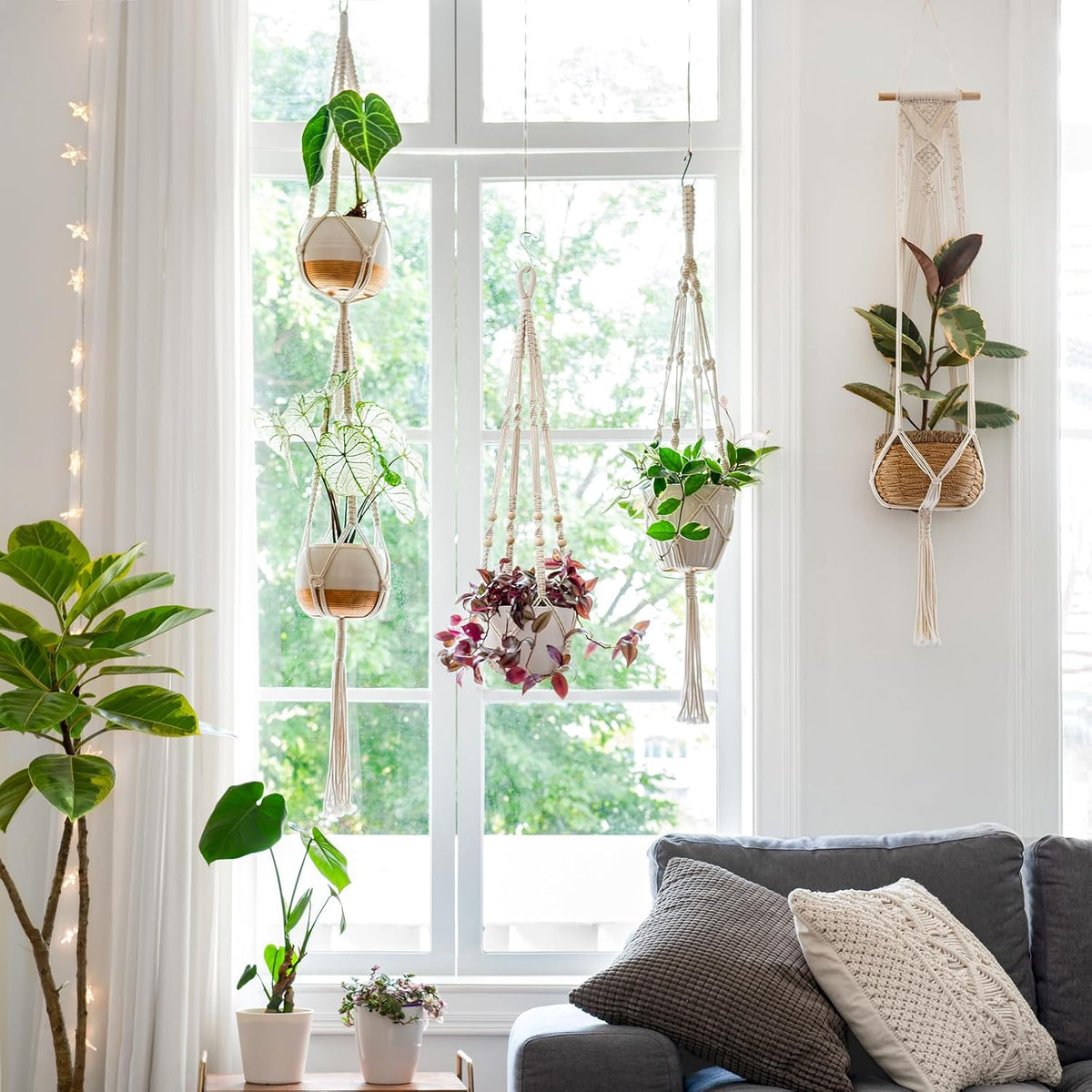 Mkono Macrame Plant Hangers Indoor Set of 4 Hanging Planter Basket Ivory