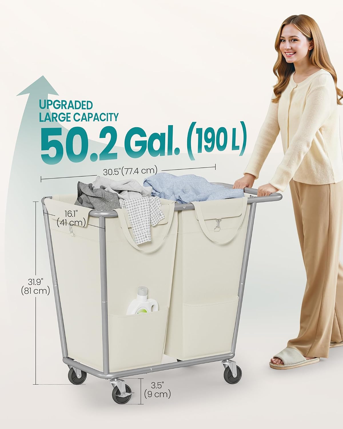 SONGMICS 2-Section Laundry Basket with Wheels, 50.2 Gallons (190 L) Hamper