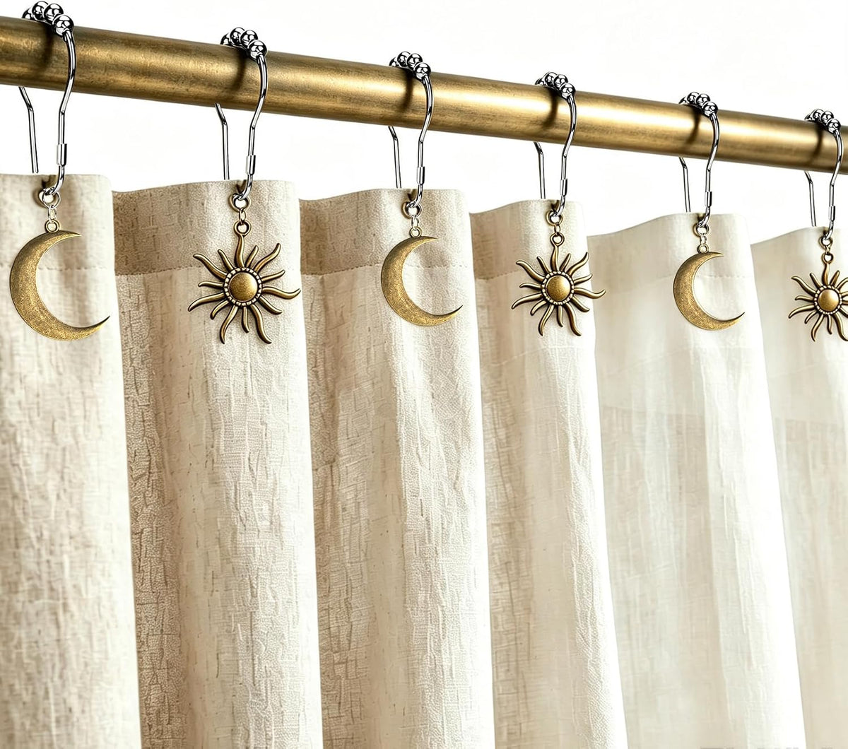 CHICTIE Boho Sun Moon Shower Curtain Hooks, Antique Bronze Celestial Decorative Shower Curtain Rings, Vintage Metal Sun & Crescent Moon Hooks Hangers for Bathroom Shower Curtain, Set of 12