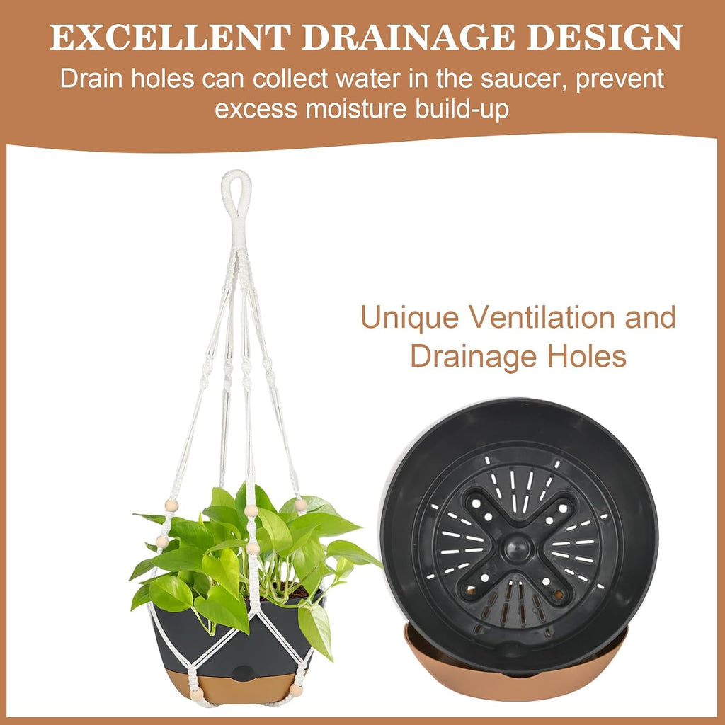 3 Pack Hanging Planters Set, 10inch Self-Watering Hanging Plant Pot, Macrame Plant Hanger with Pot, Chains, S & Ceiling Hooks, Removable Saucer and Drainage Holes for Indoor, Outdoor Plants - Black