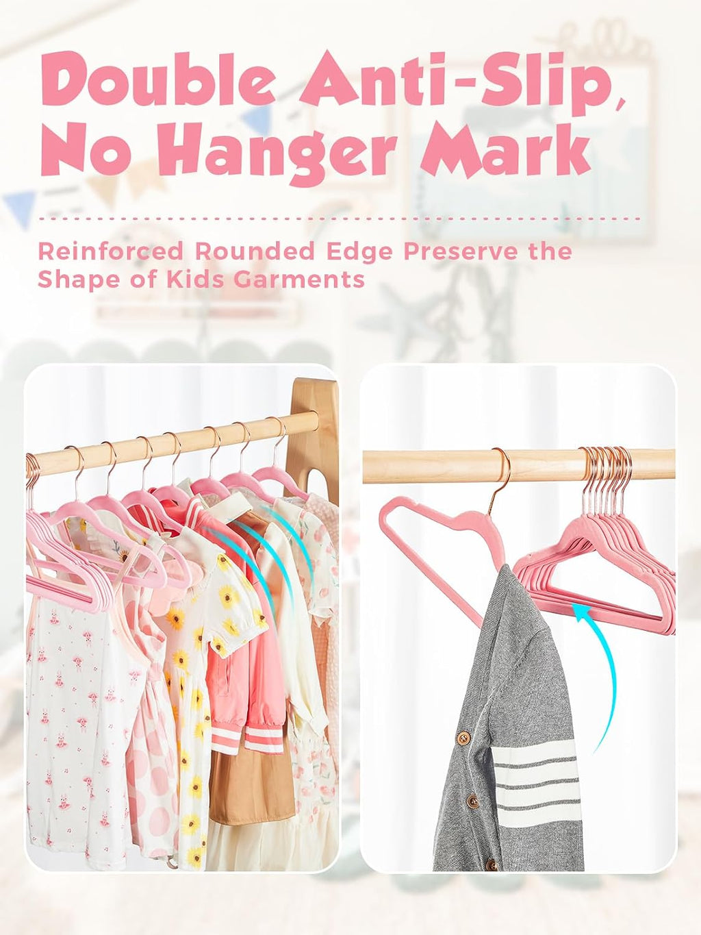 Smartor Kids Velvet Hangers 50 Pack, 14 Inch Premium Non Slip Kids Felt Hangers for Closet, Space Saving Toddler Clothes Hanger for Youth's Childrens' Clothes (Rose Gold Hook)- Pink
