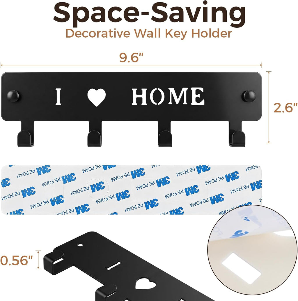 4-Hook Metal Key Holder Wall Mount with Self-Adhesive Back