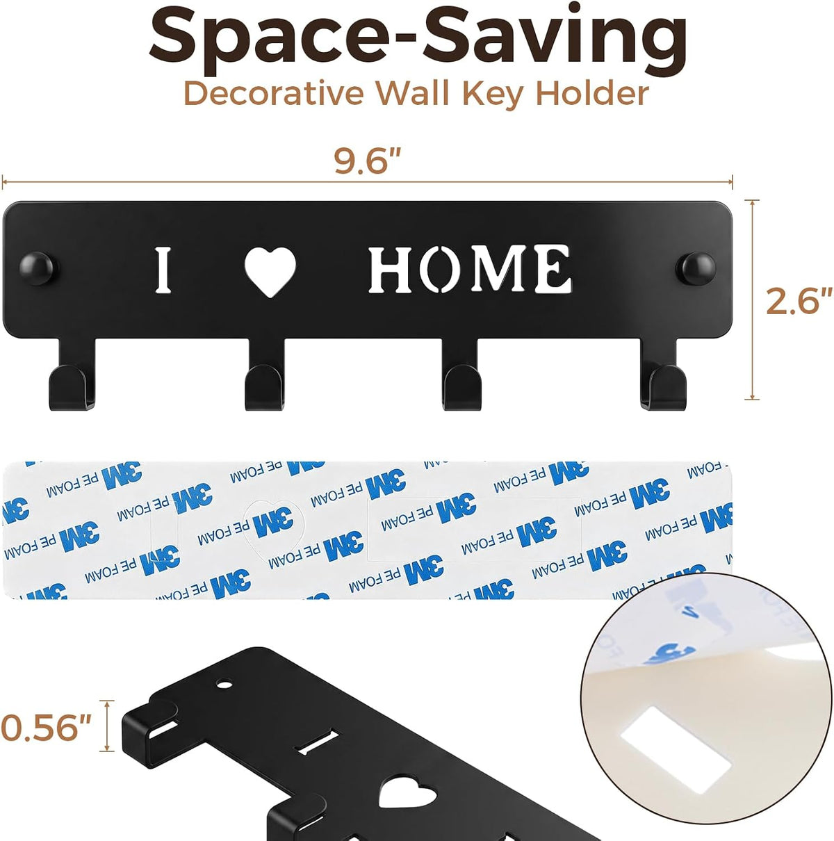 4-Hook Metal Key Holder Wall Mount with Self-Adhesive Back