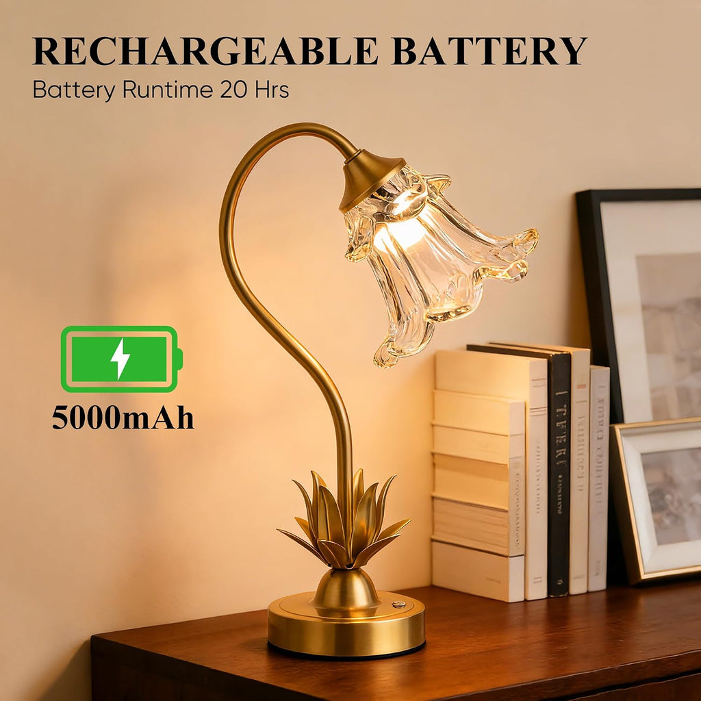 Cordless Flower Table Lamp with Glass Lampshade, 5200mAh Rechargeable Battery, 3-Color Dimmable Touch Control, Portable Desk Lamp for Nightstand, Patio, Camping, Restaurant & Home, Transparent
