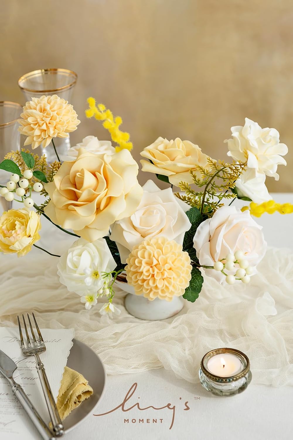 Ling's moment Artificial Flowers Fake Silk Roses Faux Foam Dahlia Yellow