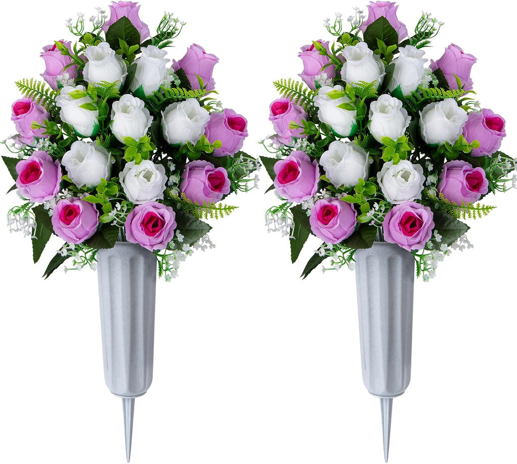 Set of 2 Artificial Cemetery Flowers with Vase, Artificial Grave Flowers Outdoor Memorial Rose Bouquets for Cemetery Headstone Graveyard Decor (Pink White)