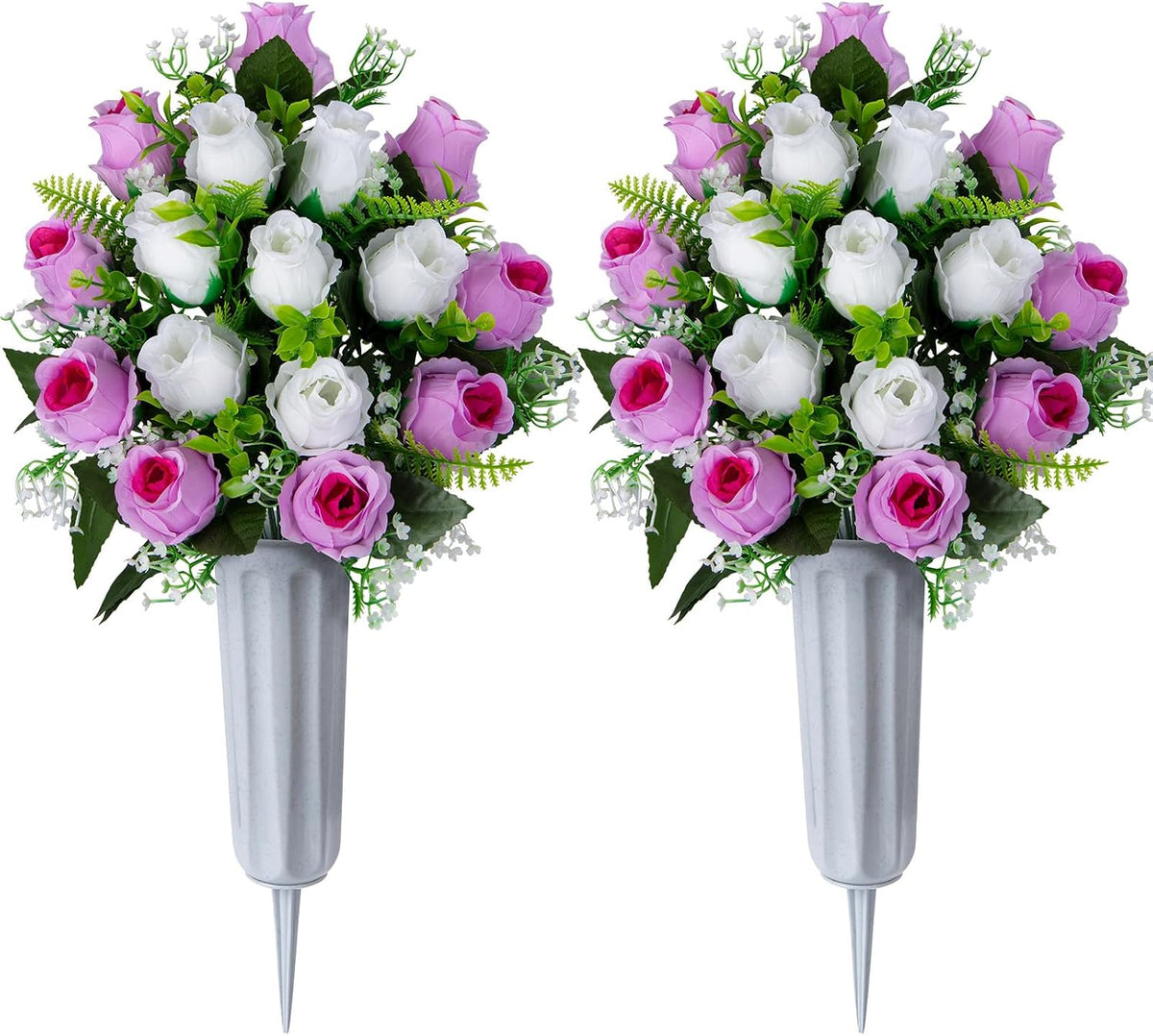 Set of 2 Artificial Cemetery Flowers with Vase, Artificial Grave Flowers Outdoor Memorial Rose Bouquets for Cemetery Headstone Graveyard Decor (Pink White)
