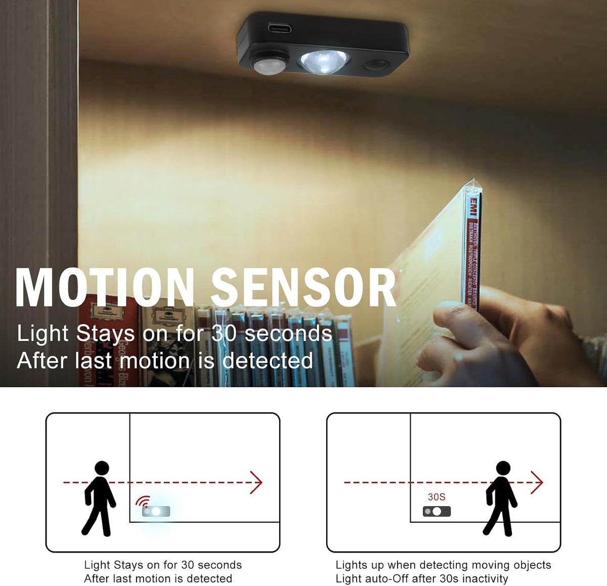 Black Motion Sensor Night Light, Wireless Rechargeable Puck Lights for Cabinet, Dimmable Stick on LED Closet Lights, Daylight White Motion Sensor Light Indoor (4 Pack)