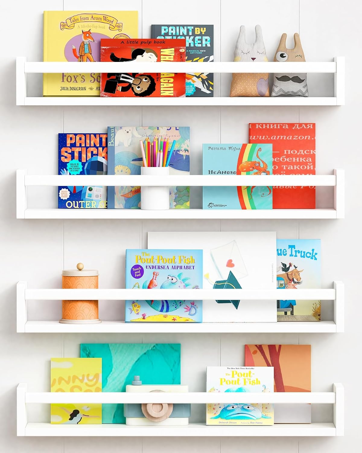 Forbena 24 Inch Wall Bookshelf for Kids Bedroom Set of 4, White Floating Nursery Book Shelves for Baby Toddler Children Girls Boys Room Decor, Large Wood Wall Mount Bookshelves and Toy Storage